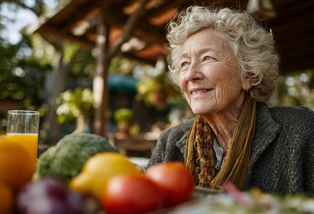 Літня жінка насолоджується свіжим салатом та фруктами за столом